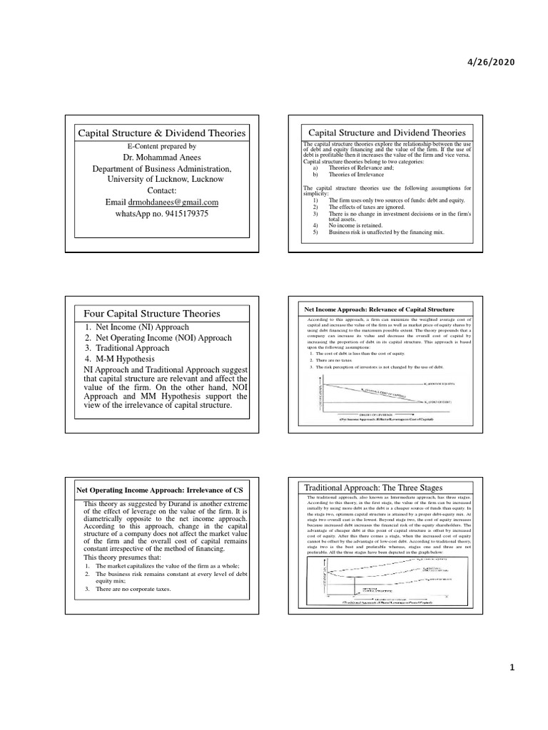 Four Capital Structure Theories And Dividend Theories An Analysis Of