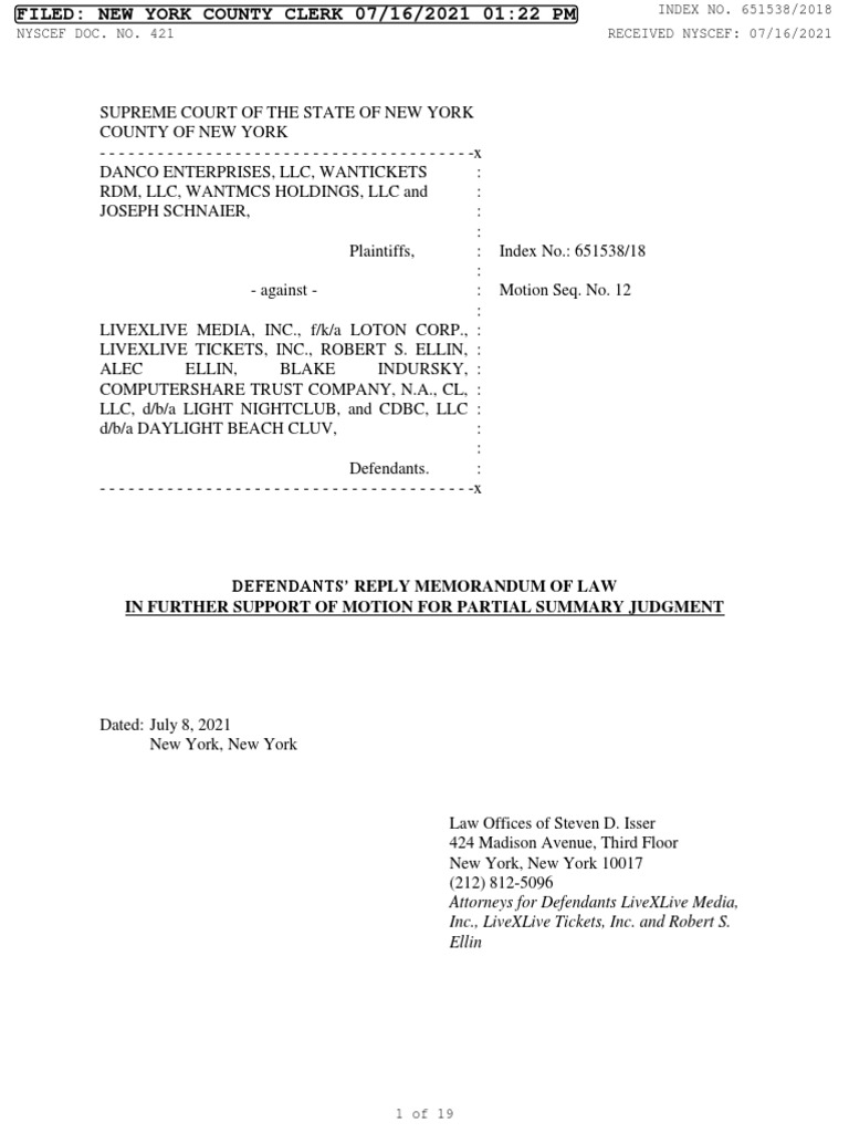 Defendants' Reply Memorandum of Law in Further Support of Motion For