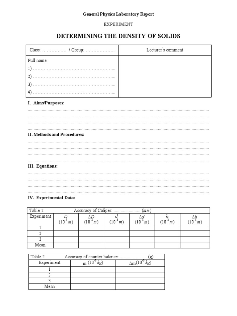 Determining The Density of Solids General Physics Laboratory Report PDF Density Experiment