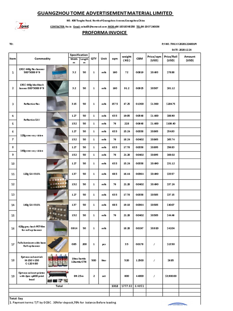 Guangzhou Tome Advertisement Material Limited: Proforma Invoice | PDF ...