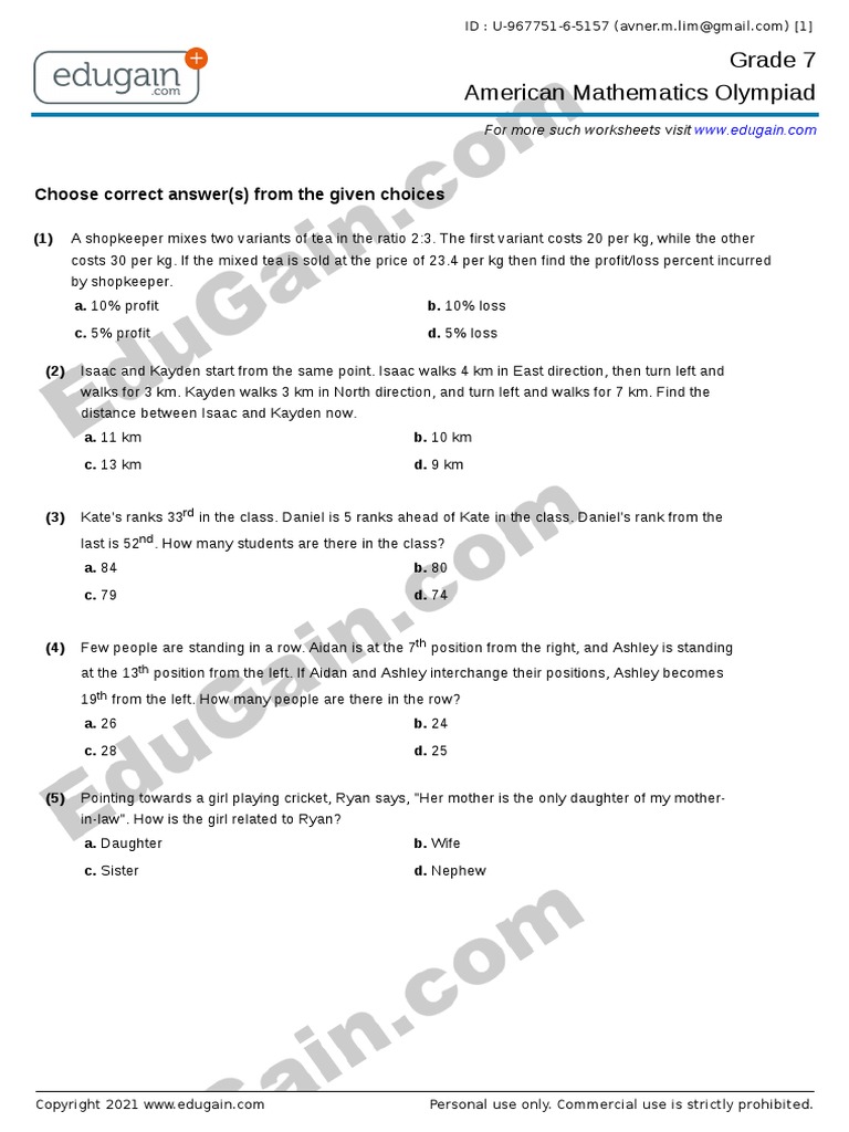 Grade 7 American Mathematics Olympiad Choose Correct Answer(s) From