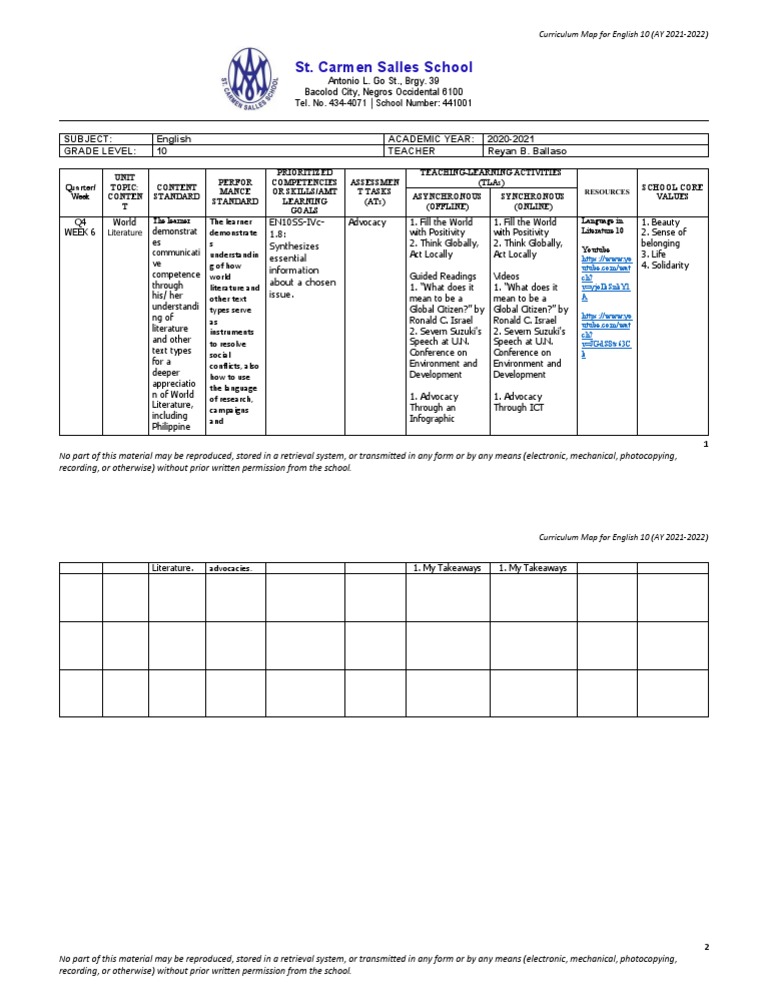 St. Carmen Salles School: Subject: English Academic Year: 2020-2021 ...