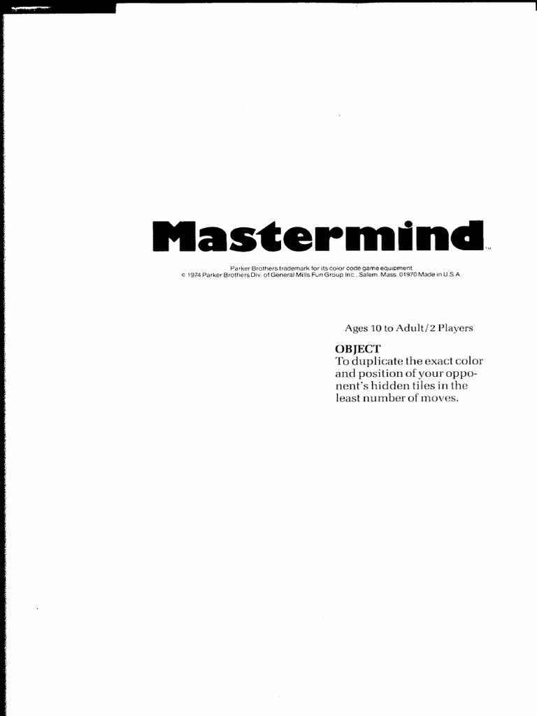 Parker Bros MasterMind 1974 Instructions | PDF