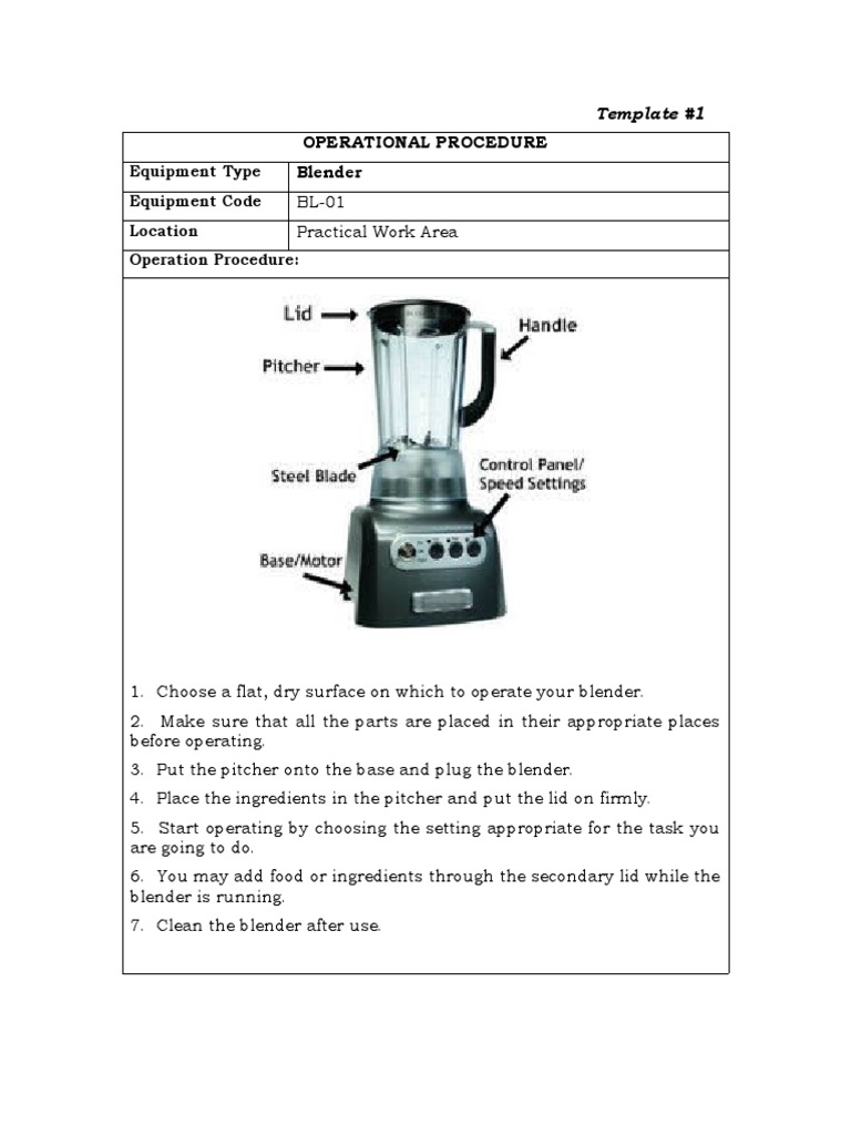 Operational Procedure Blender Equipment Type Equipment Code Location Operation Procedure PDF