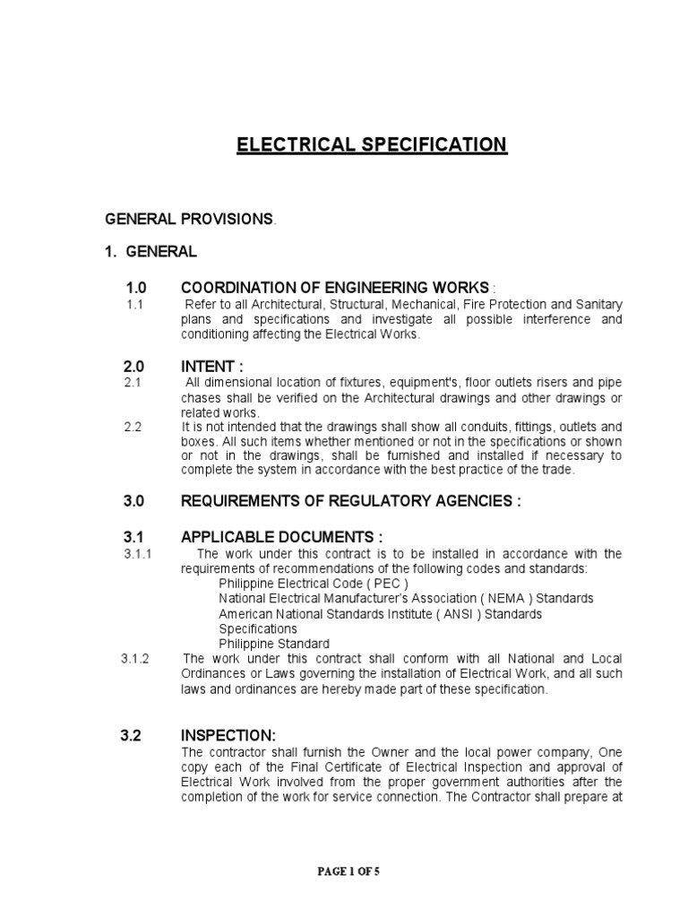 Electrical Specification General Provisions 1. General 1.0