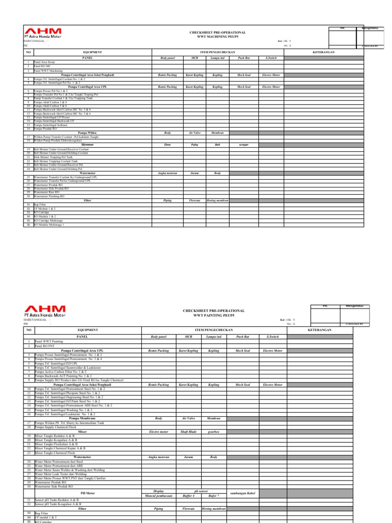 Pre-Operational Checklist WWT PEUP5 | PDF | Mechanical Engineering ...