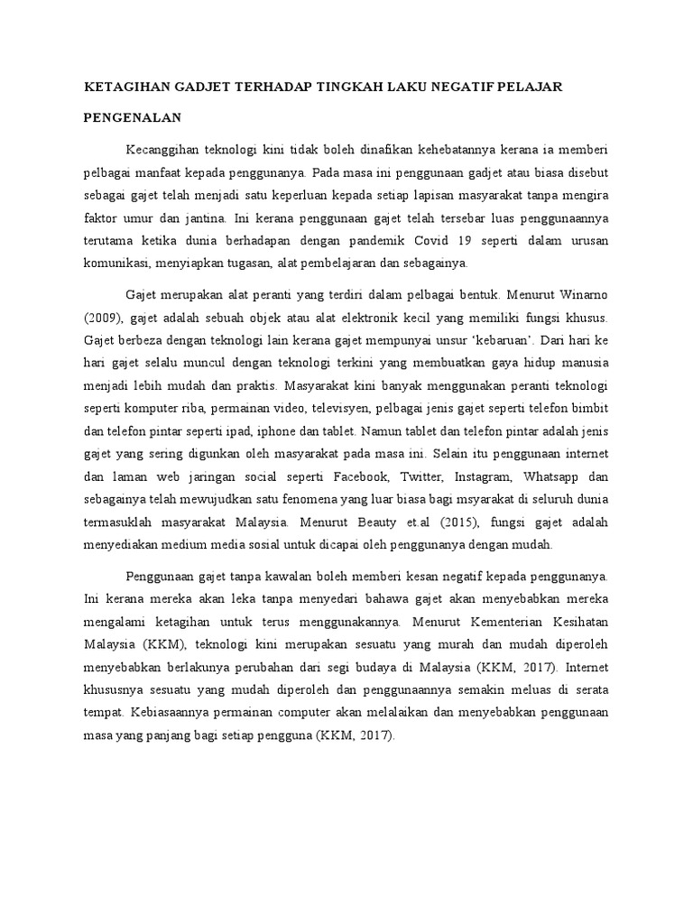 Ketagihan Gadjet Terhadap Tingkah Laku Negatif Pelajar PDF
