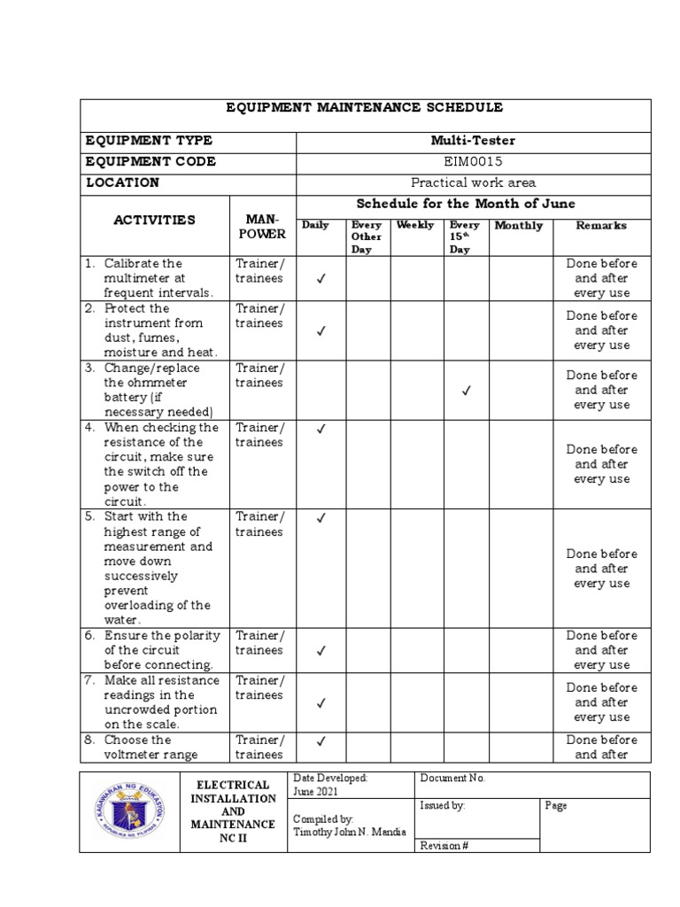 Equipment Maintenance Schedule and Checklist PDF Equipment