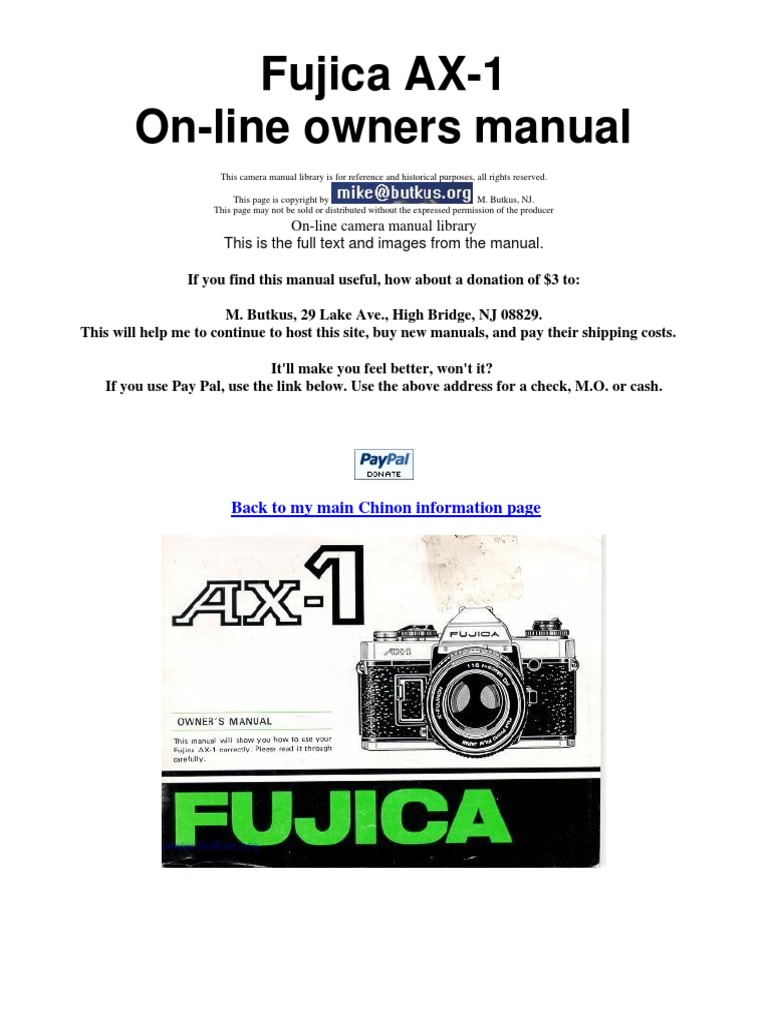 Fujica AX1 OnLine Owners Manual OnLine Camera Manual Library This