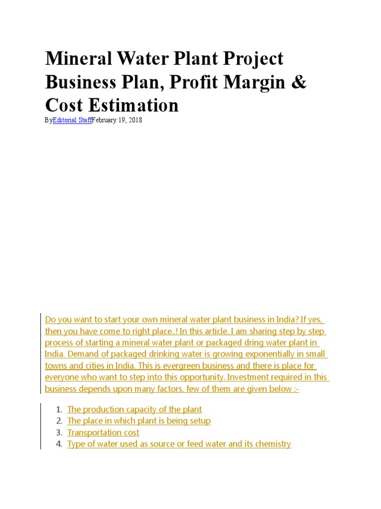 Mineral Water Plant Project Business Plan, Profit Margin & Cost