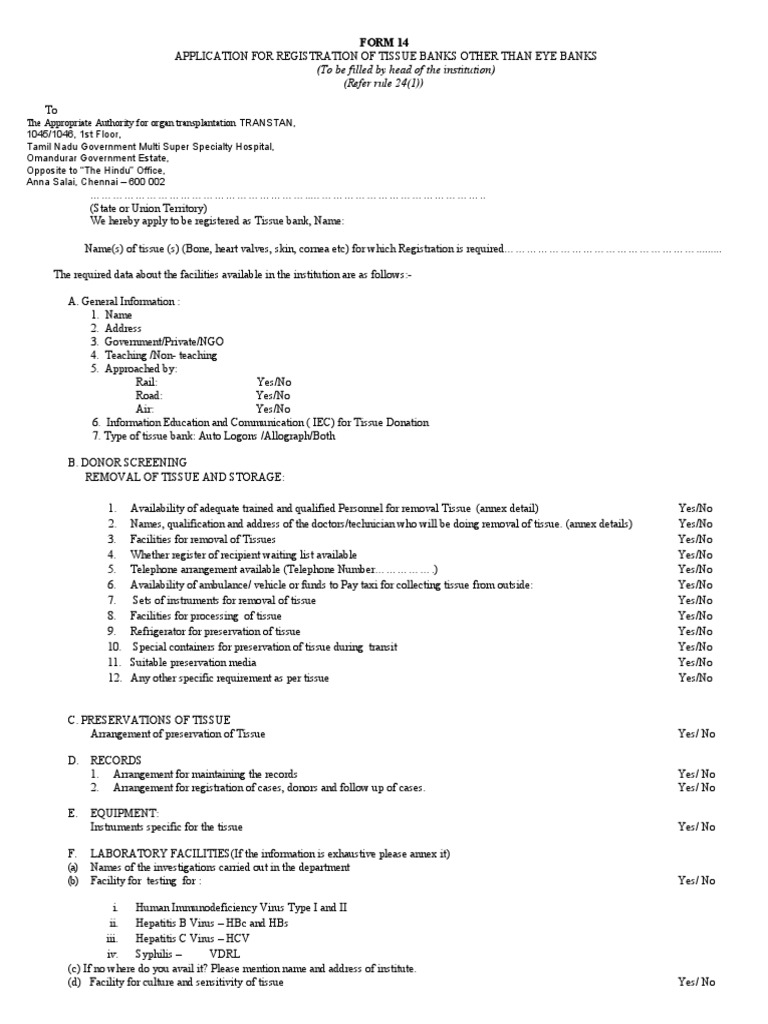 Tissue Bank Registration Application Form | PDF | Organ Donation ...