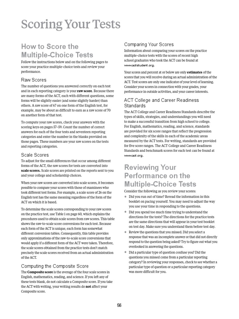 Scoring Your Tests How To Score The MultipleChoice Tests PDF Act