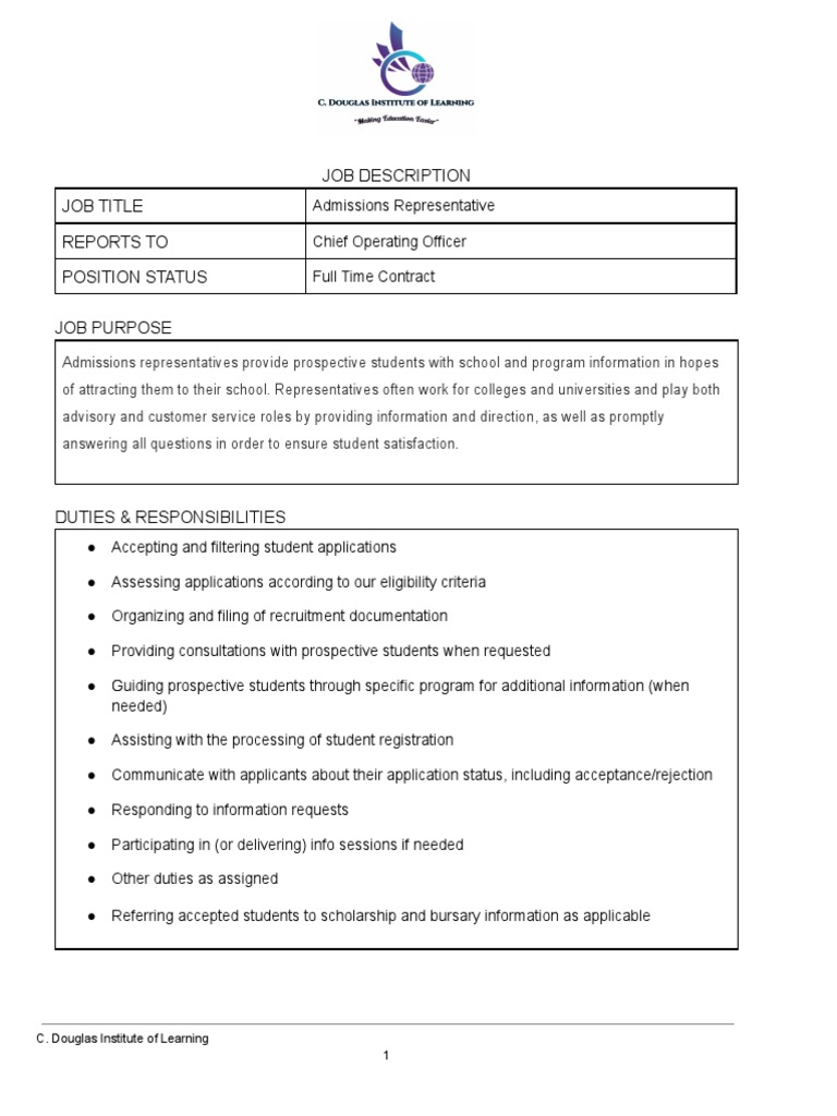 Job Description Admission Rep Pdf Application Software Business