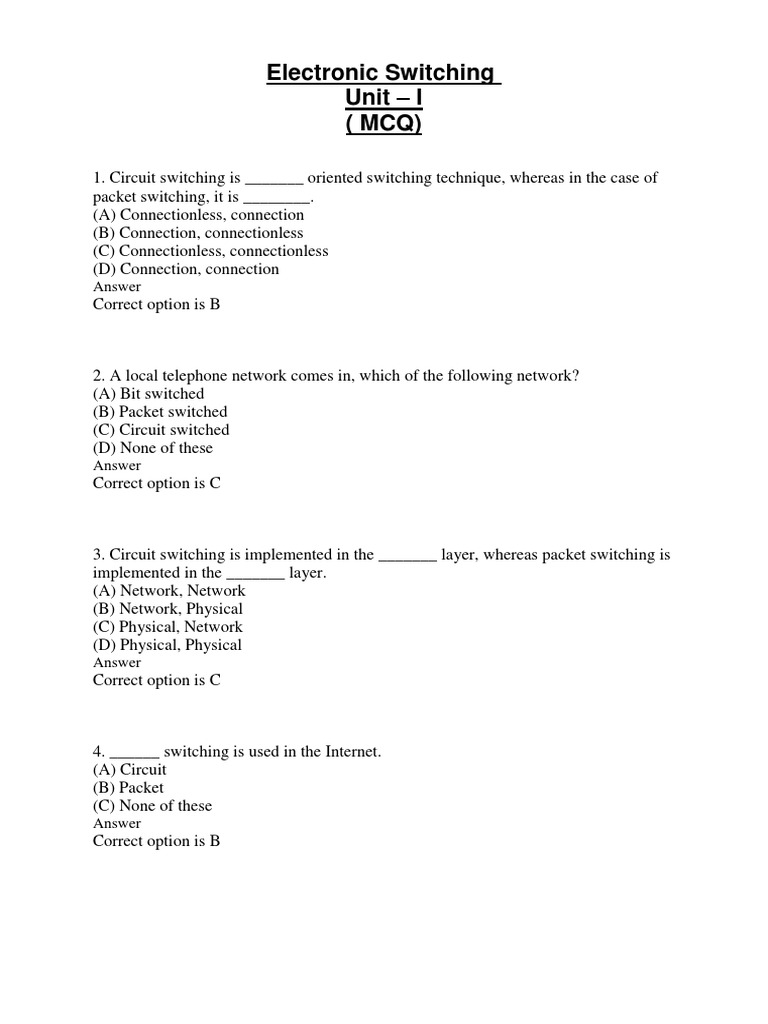 Electronic Switching Unit I (MCQ) Answer PDF Packet Switching