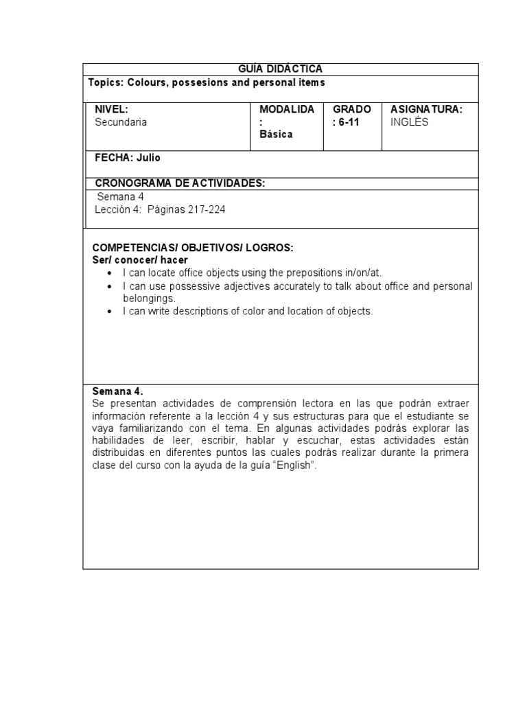 Guía de Clase, Cuarta Clase, Lesson 4 | PDF | Idiomas