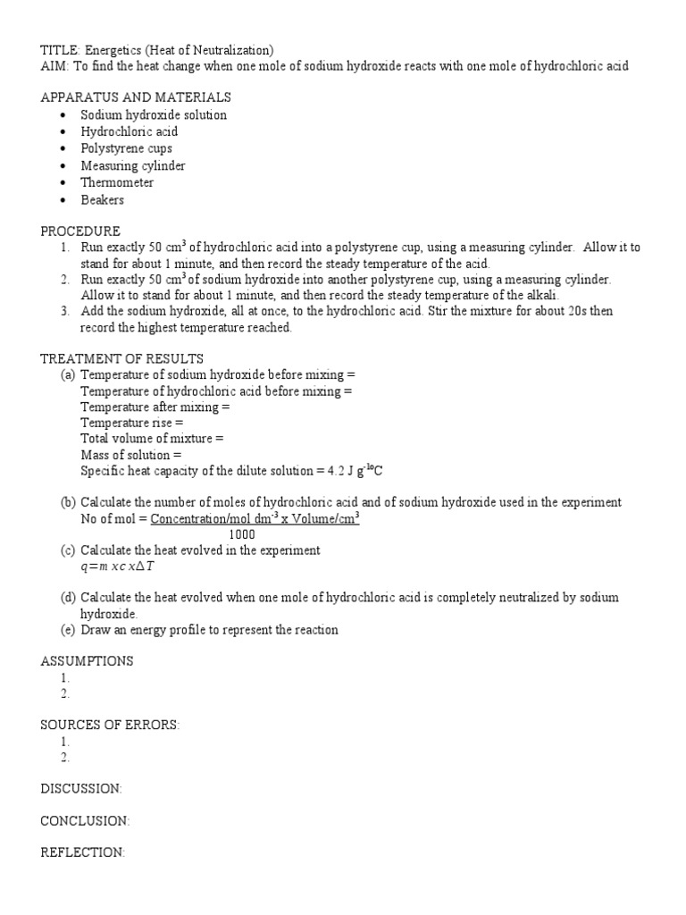 Energetics Lab (Heat of Neutralization) | PDF | Sodium Hydroxide | Acid