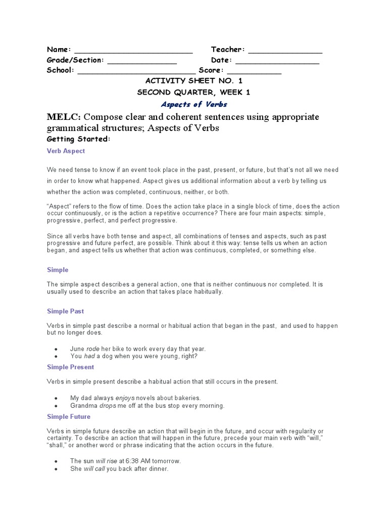 Aspects of Verbs Worksheet for Grade 6 | PDF | Grammatical Tense ...