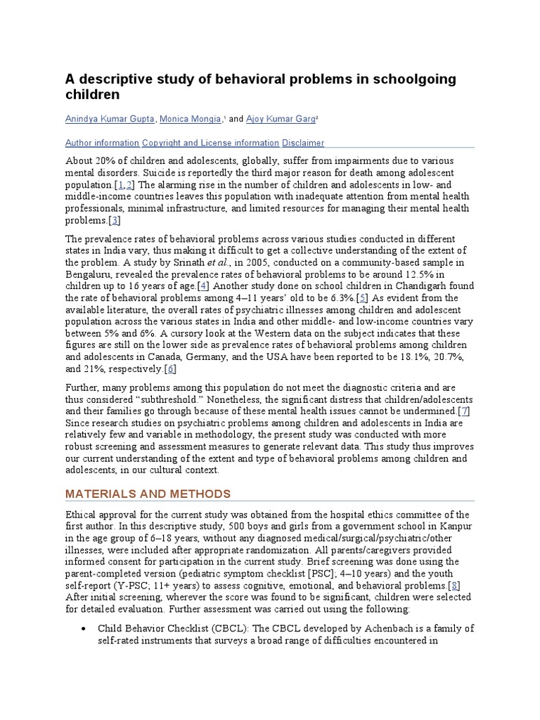 A Descriptive Study of Behavioral Problems in Schoolgoing Children ...