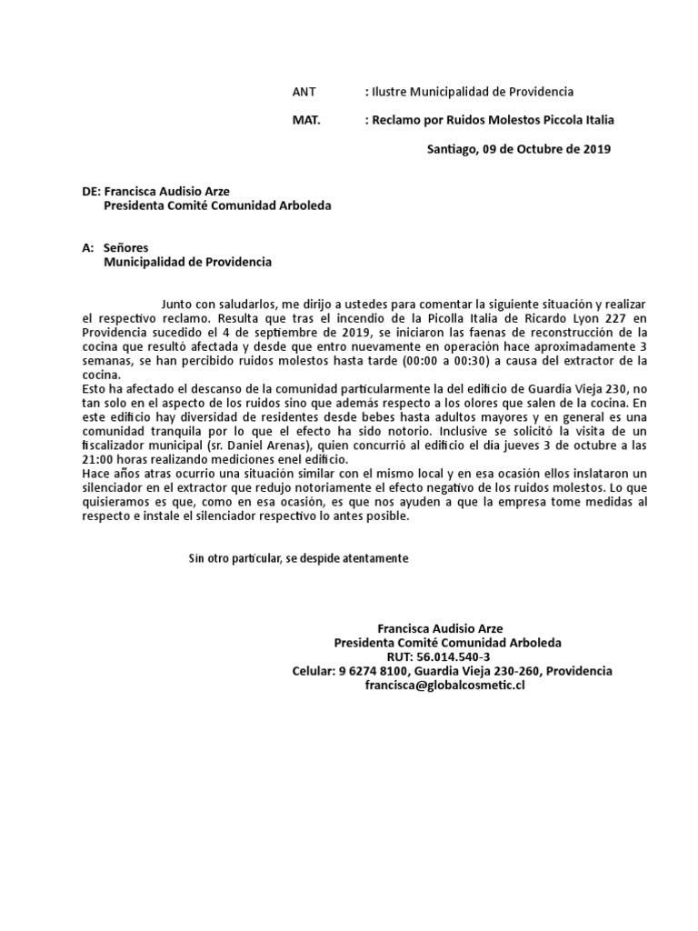 Carta Reclamo Ruidos Molestos PDF