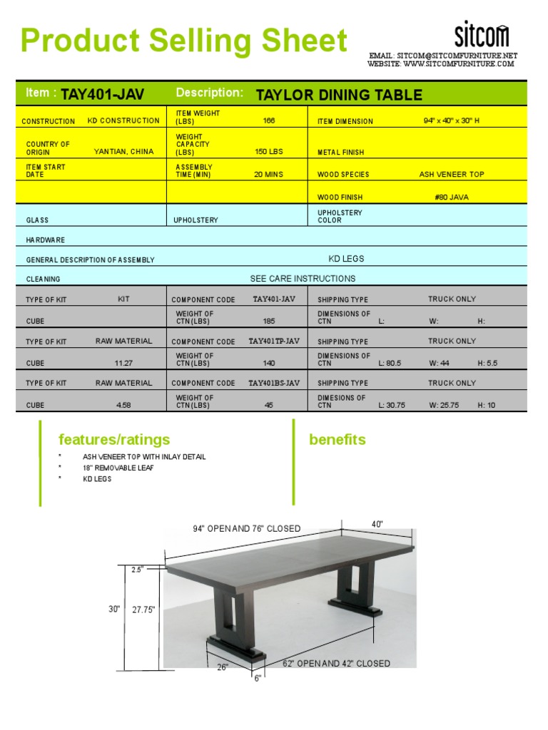 Taylor Dining Table Specifications | PDF | Building Materials | Art Media