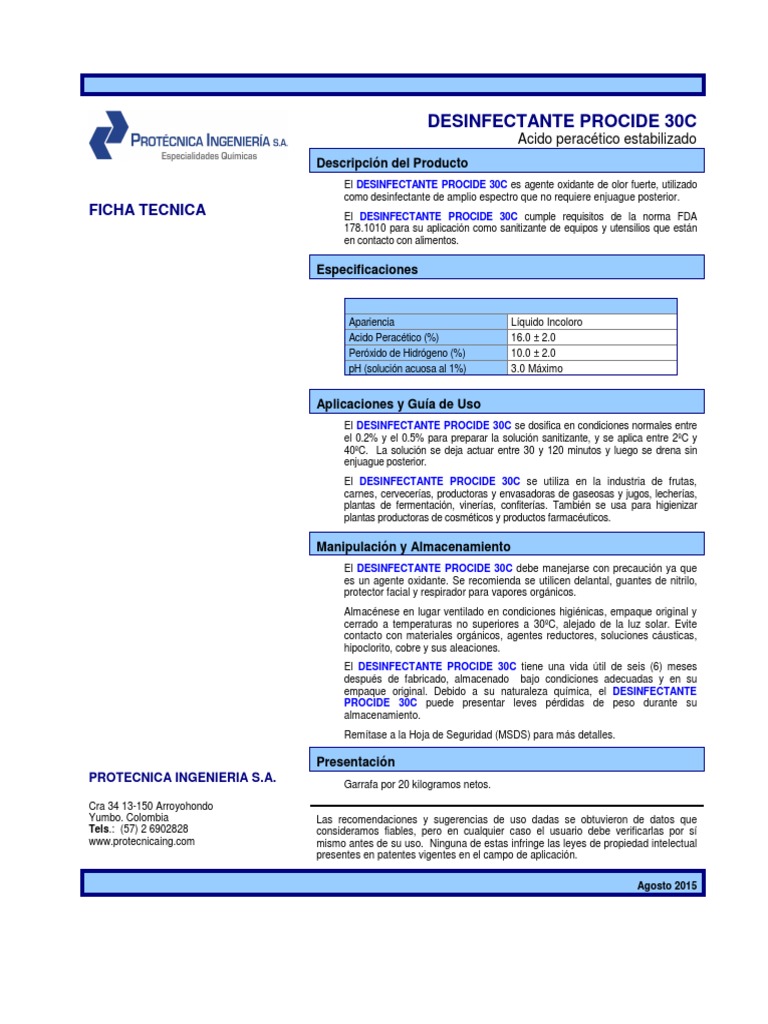 Desinfectante Procide 30C: Usos y Especificaciones | PDF | Sustancias ...