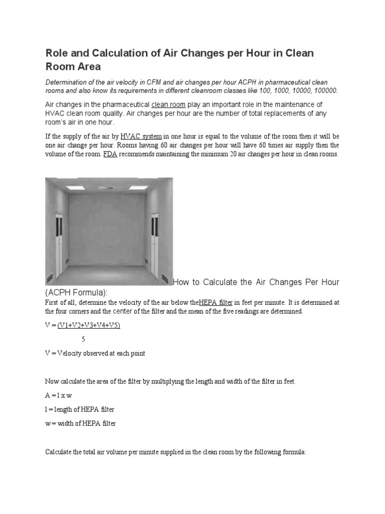 Role and Calculation of Air Changes Per Hour in Clean Room Area PDF