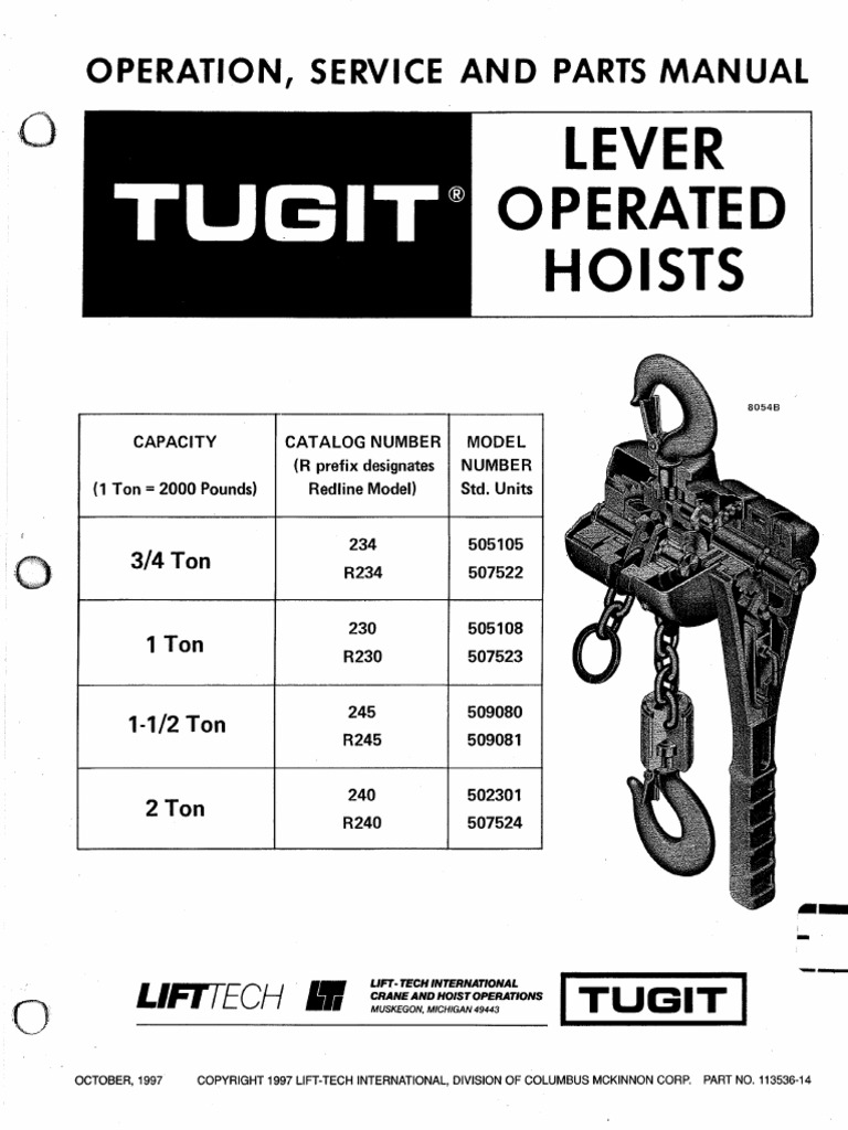 Lever Operated Hoists Operation, Service and Parts Manual PDF