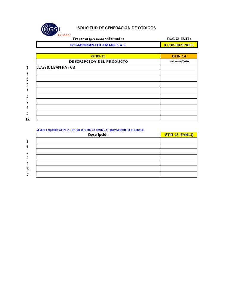 FORMATO para Solicitar Códigos A GS1 ECUADOR | PDF
