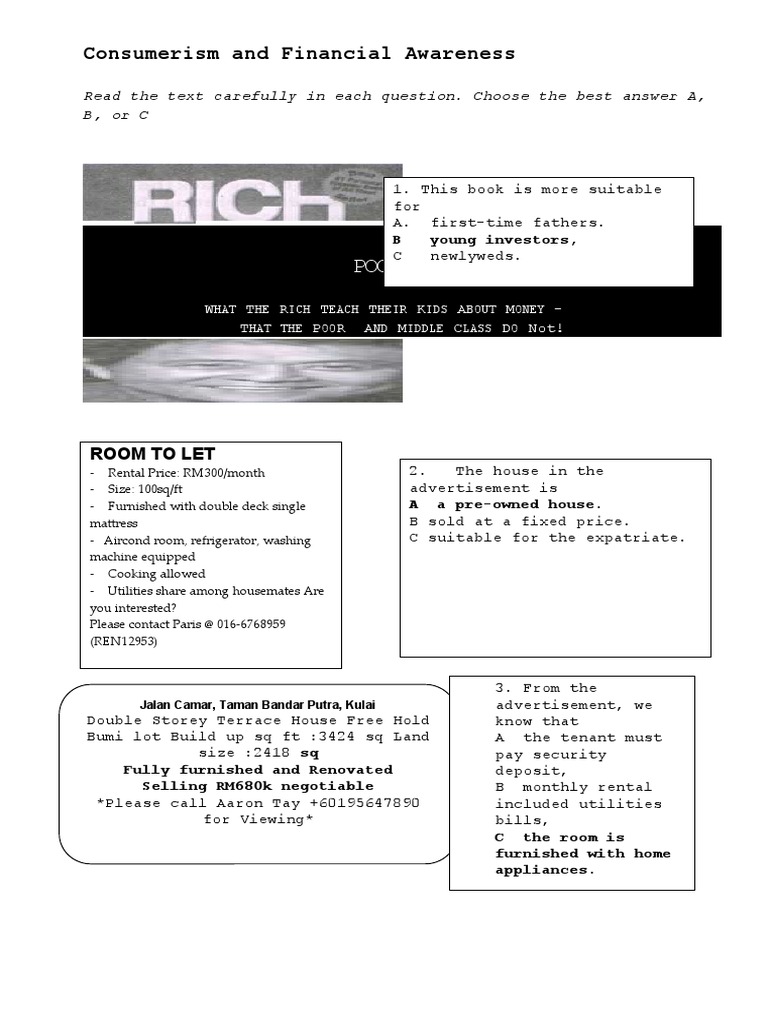 Consumerism And Financial Awareness Exercises Pdf Adverb Money