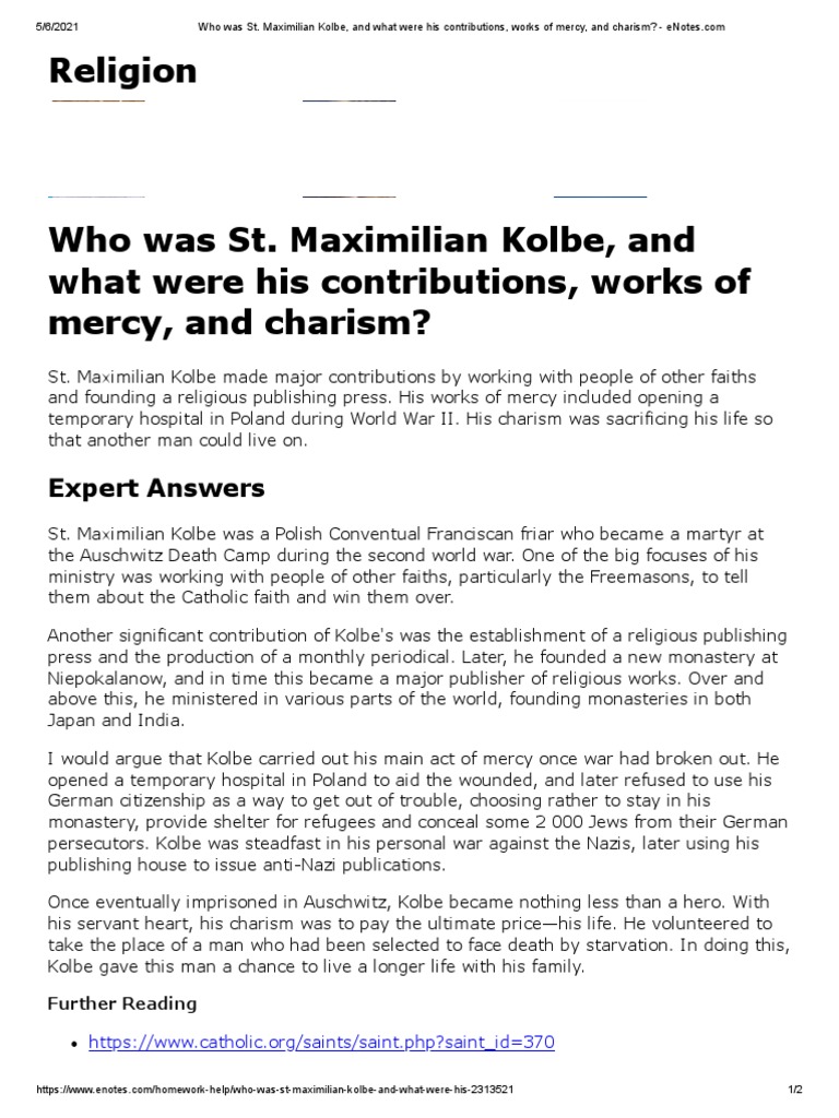 Who Was St. Maximilian Kolbe, and What Were His Contributions, Works of
