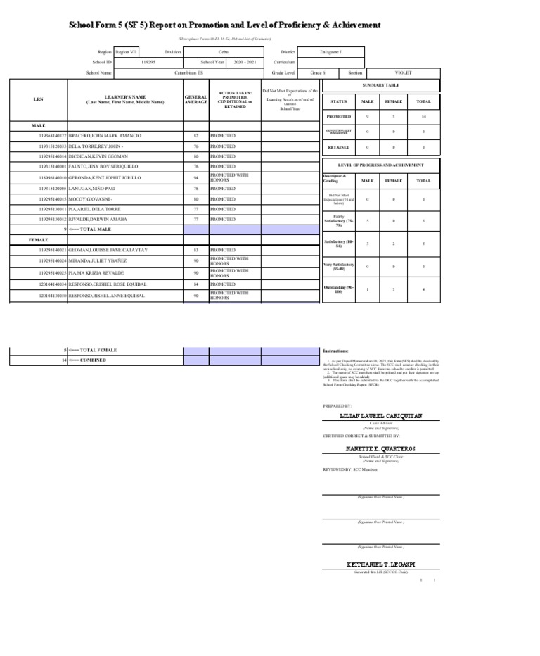 SF 5 Report: Grade 6 Promotion Summary | PDF | Behavior Modification ...