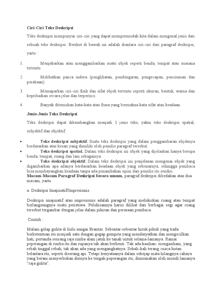 Ciri dan Jenis Teks Deskripsi | PDF | Fiksi Umum