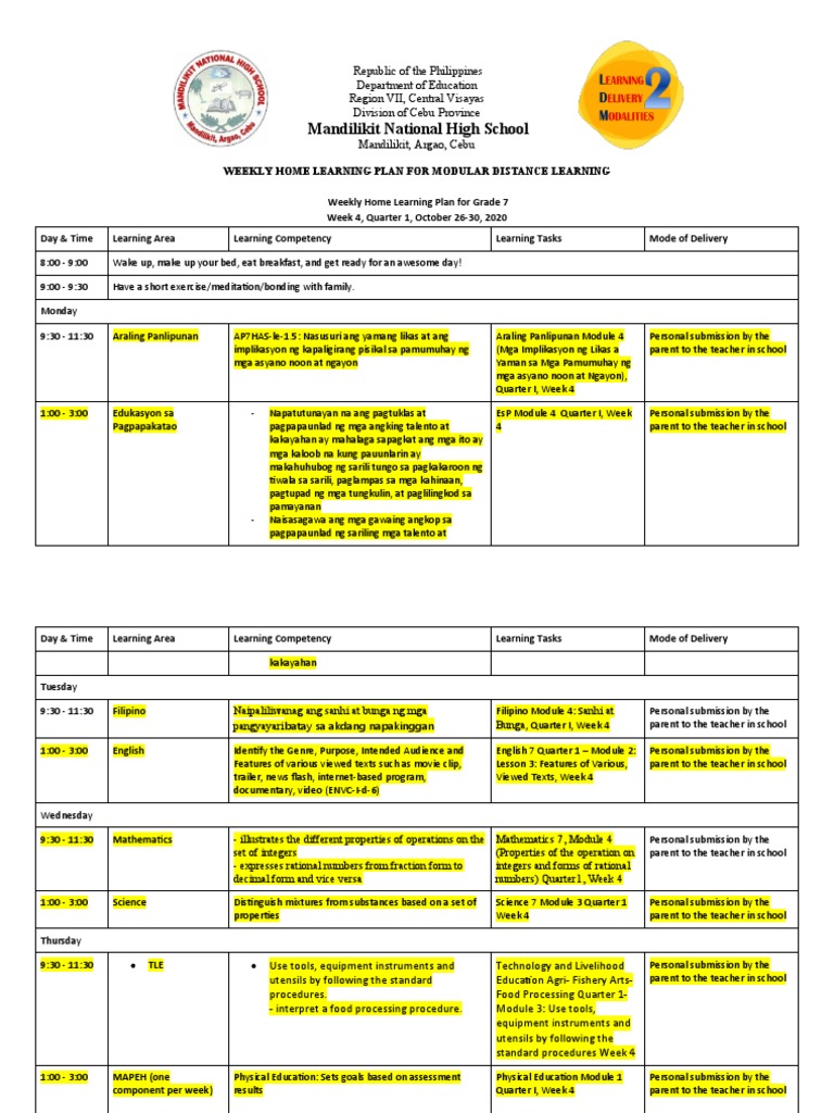 Weekly Home Learning Plan For Grade 7 Week 3 PDF Free | PDF | Rational ...