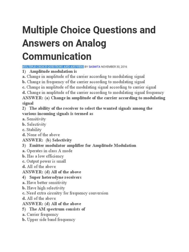 Multiple Choice Questions and Answers On Analog Communication | PDF ...