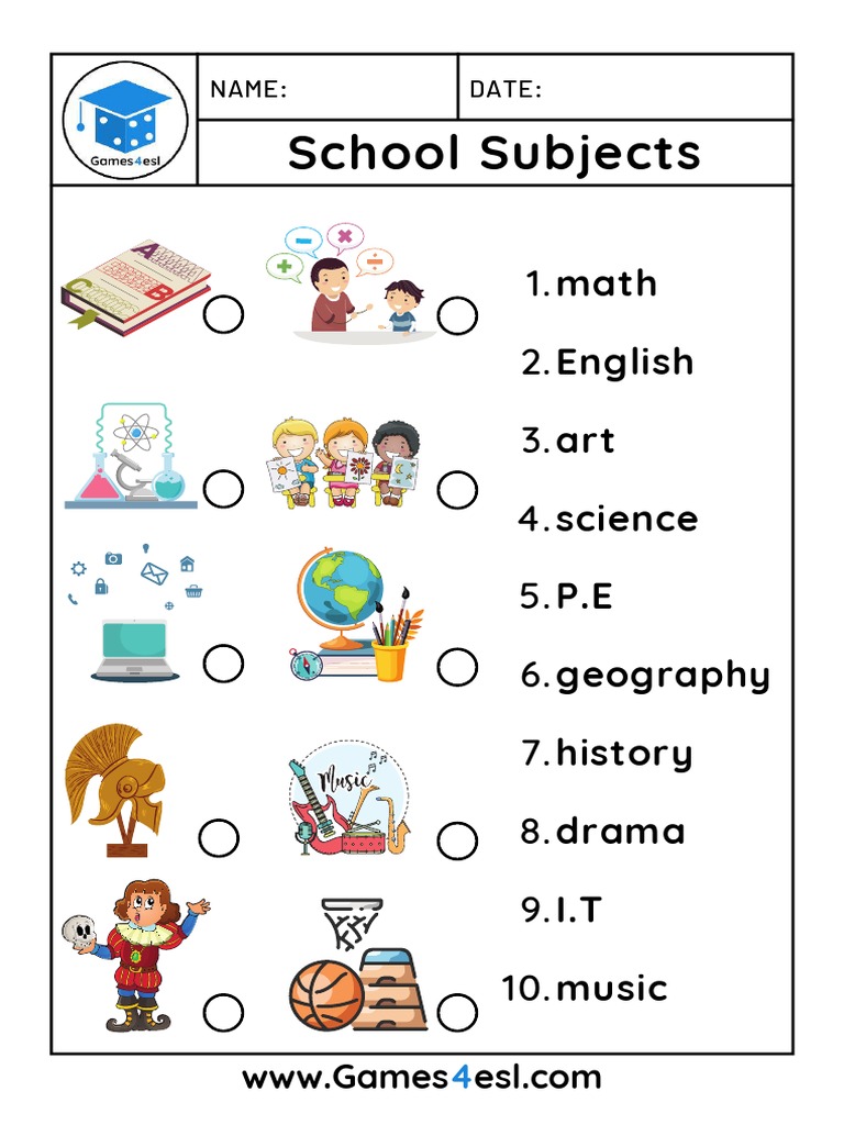 School Subjects Overview Worksheet | PDF