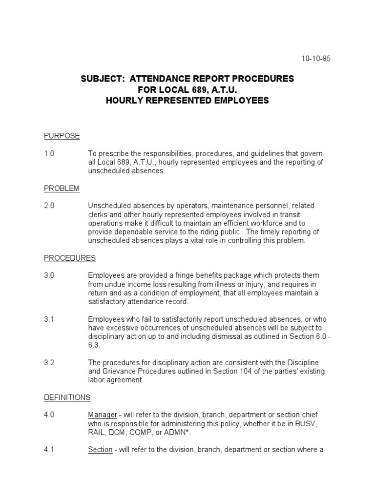 ATU 689 Attendance Reporting Guidelines | PDF | Employment | Justice
