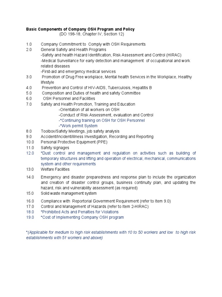 Basic Components of Company OSH Program and Policy | PDF