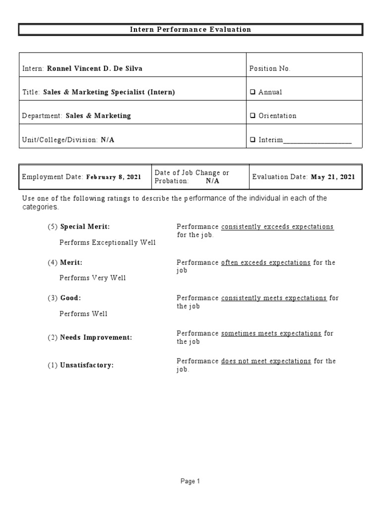 Intern Performance Evaluation: Erformance of The Individual in Each of ...