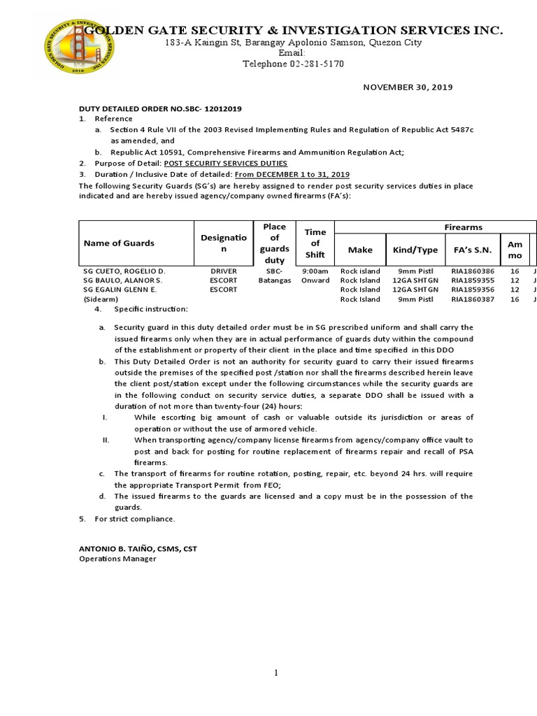 Golden Gate Security Duty Order 2019 | PDF | Security Guard | Justice