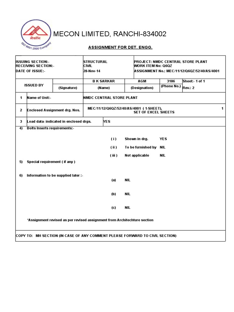 Mecon Limited, Ranchi-834002: Assignment For Det. Engg | PDF