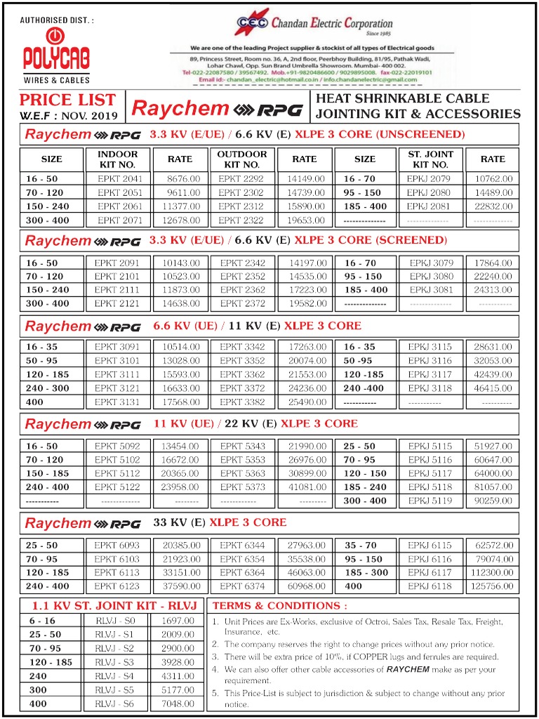 Raychem Joint Kit Price List November-2019 | PDF