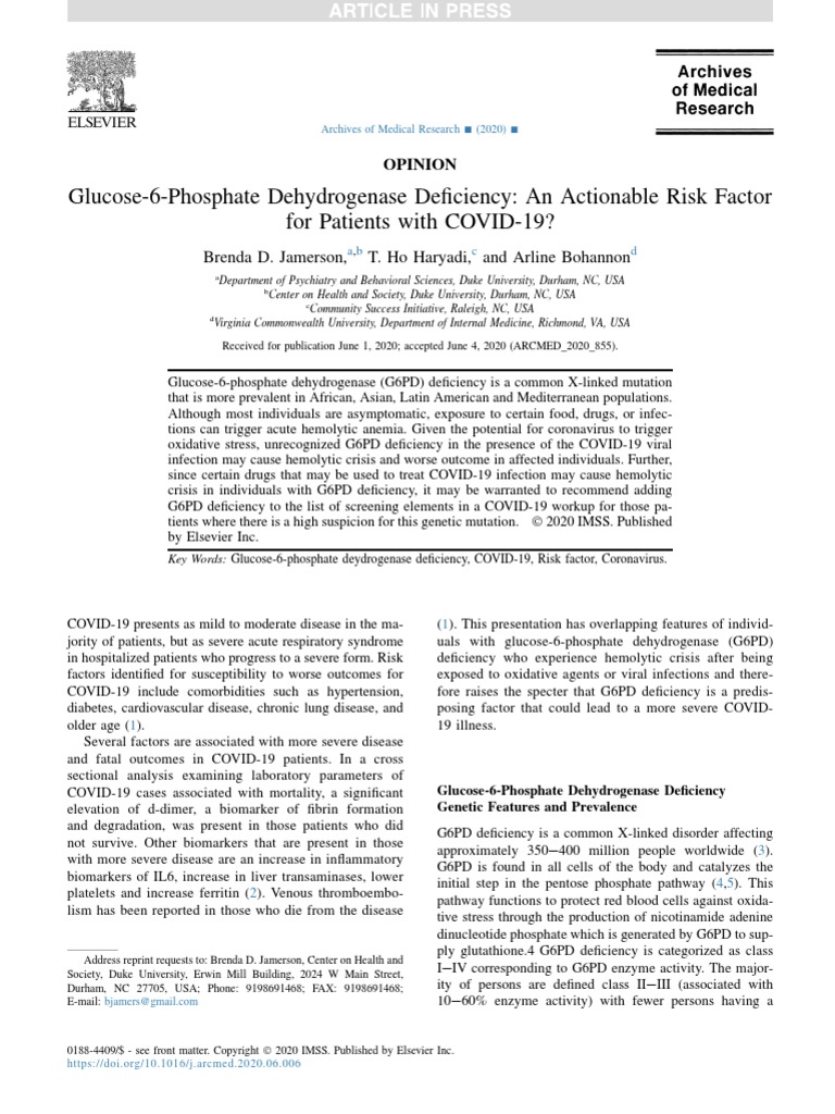Glucose-6-Phosphate Dehydrogenase Deficiency Medical Research | PDF ...