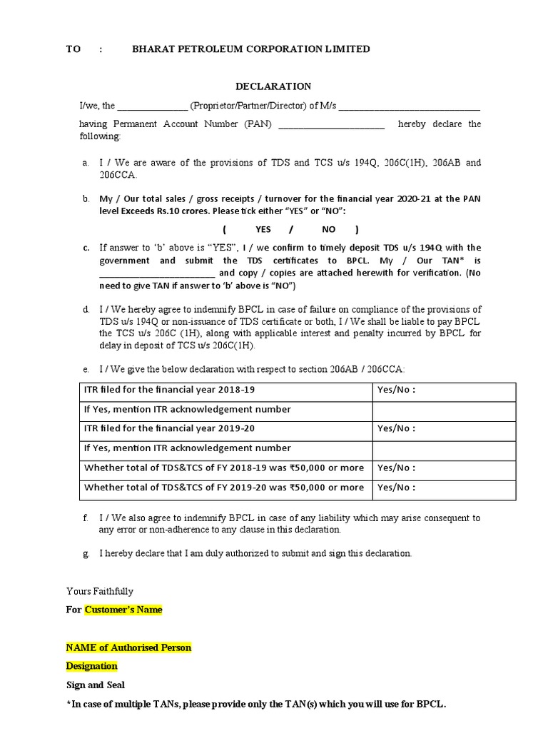BPCL TDS Declaration Form 2020-21 | PDF | Finance & Money Management