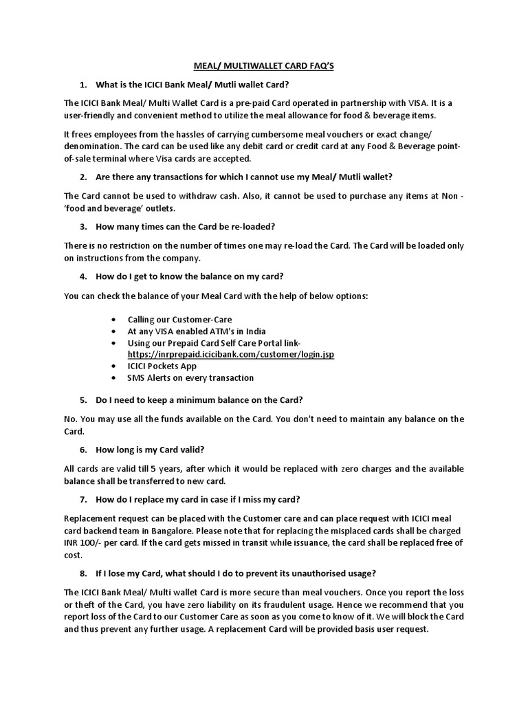 FAQs ICICI Multi Wallet Card Download Free PDF Debit Card