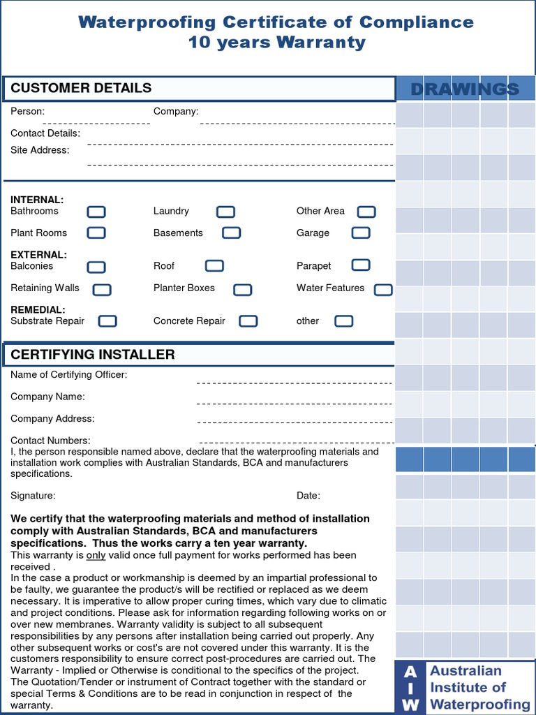 Waterproofing Certificate Provides 10Year Warranty for Compliant
