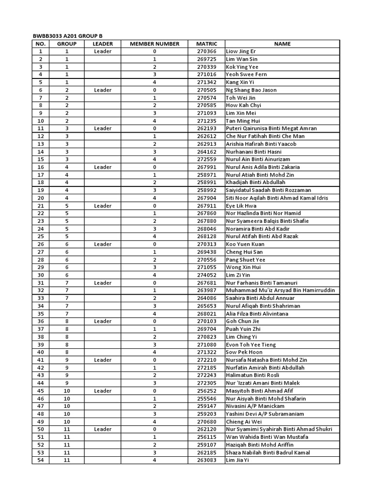 BWBB3033 A201 Group B - Member List | PDF
