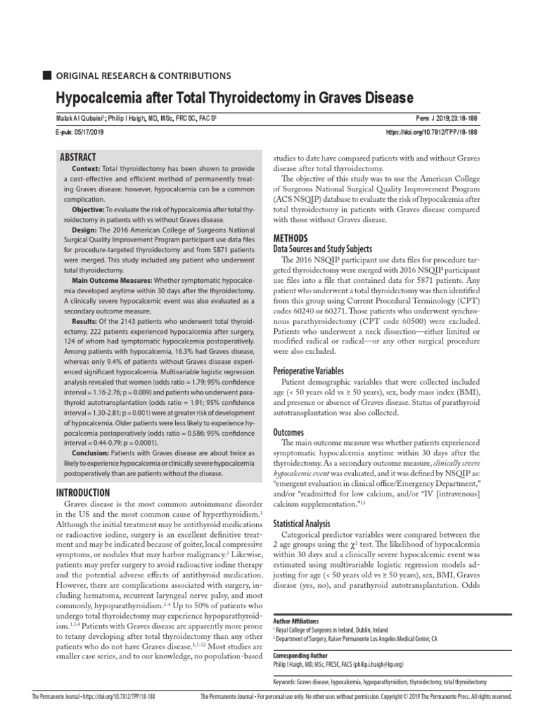 Hypocalcemia After Total Thyroidectomy in Graves Disease Original
