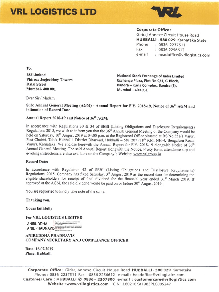 VRL Logistics 36th AGM Notice & Report | PDF | Employee Benefits ...