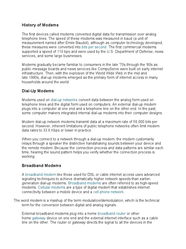 History of Modems Bits Per Second PDF Modem Broadband