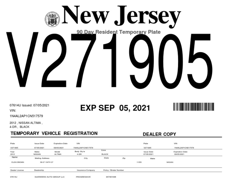 NJ Temporary Vehicle Registration Details | PDF